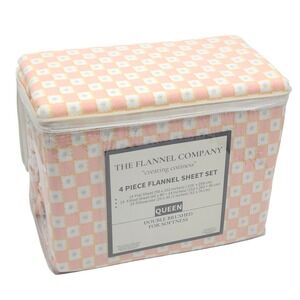 Queen Size Winter Cozy Cotton Flannel Sheet Set 4pc Floral Checks‎ Ivory Peach